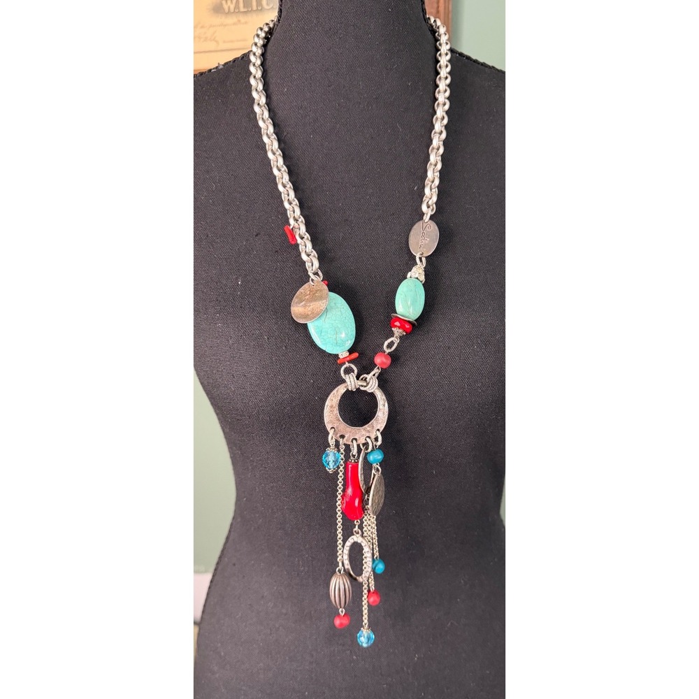 Sodini Italy Boho Turquoise Coral Necklace Silver Tone Charm Pendant Long 38"